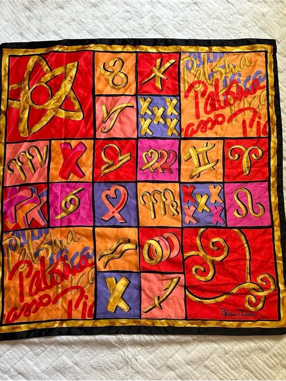 Vintage 90s Paloma Picasso Zodiac Silk Scarf - Red, Orange, Pink, Purple